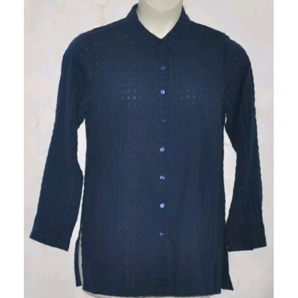 Joan Rivers Womens 2X‎ Blouse Top Navy Blue Cotton Shadow Check Button Up Front